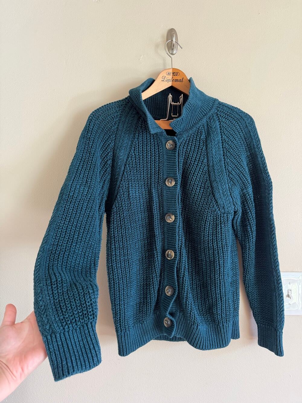 Garnet Hill Cable Knit Cardigan Linen Cotton Blend Teal Chunky Fisherman L